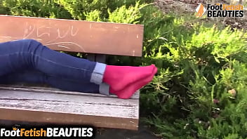 public masturbation pretty feet solo on a bench